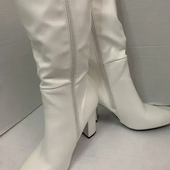 Womens Pointed Toe Zip Up Formal Chunky High Heel Knee High Boots - Picture 5 of 8